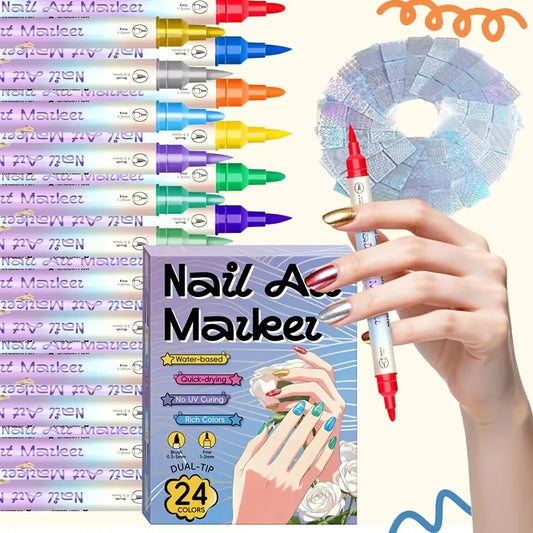 A set of nail marker pens in multiple colors shown alongside their product box, a circular iridescent nail art stencil, and a hand holding one of the markers. The box reads 'Nail Art Marker' and '24 Colors'.