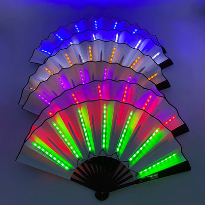 LED light-up folding fan with rainbow LEDs and black folding handle