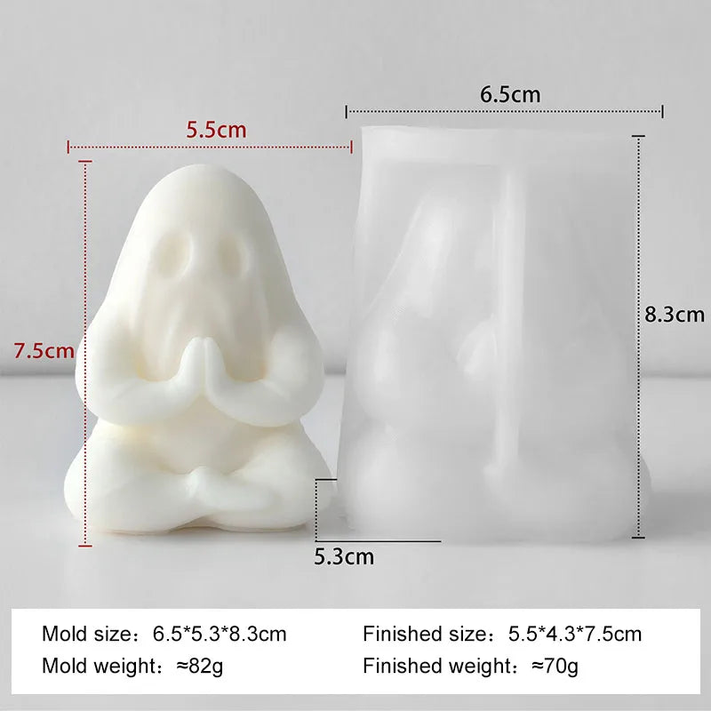 Ghost candle silicone mold cavity with ghost face detail and size markings