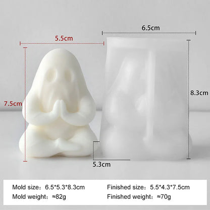 Ghost candle silicone mold cavity with ghost face detail and size markings