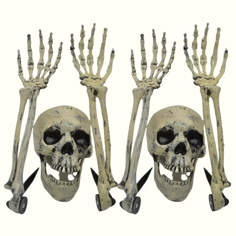 Two skull heads with multiple skeleton hand stakes, white-gray yard decor set