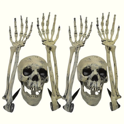 Two skull heads with multiple skeleton hand stakes, white-gray yard decor set