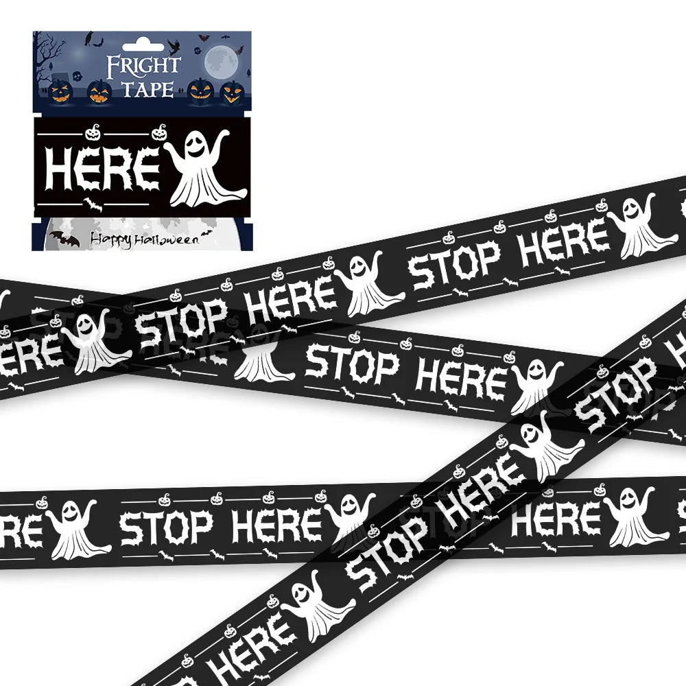 Black Halloween warning tape with repeating 'STOP HERE' text and ghost icons