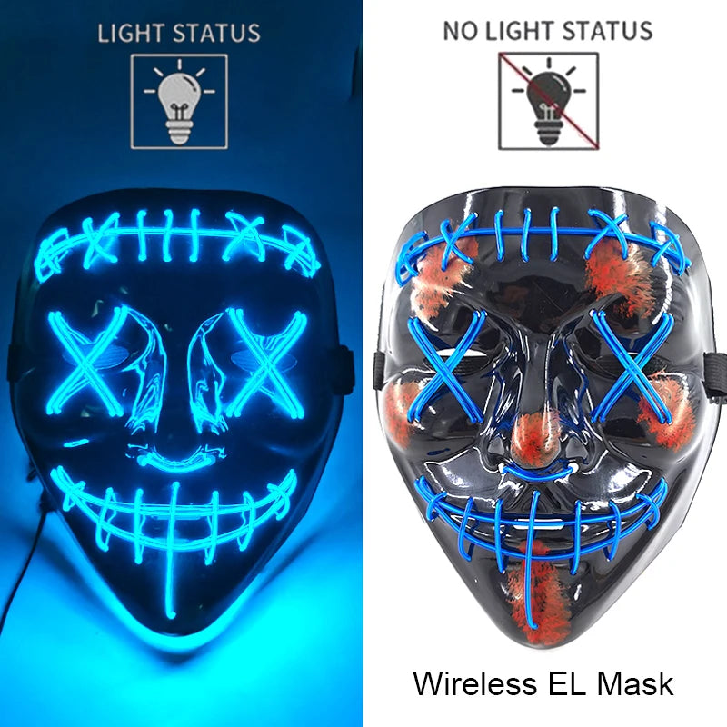 Neon LED light-up EL purge mask, blue glowing skeleton-style face design