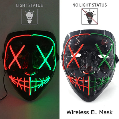 Black Halloween purge mask with red and green EL light eyes and mouth grid