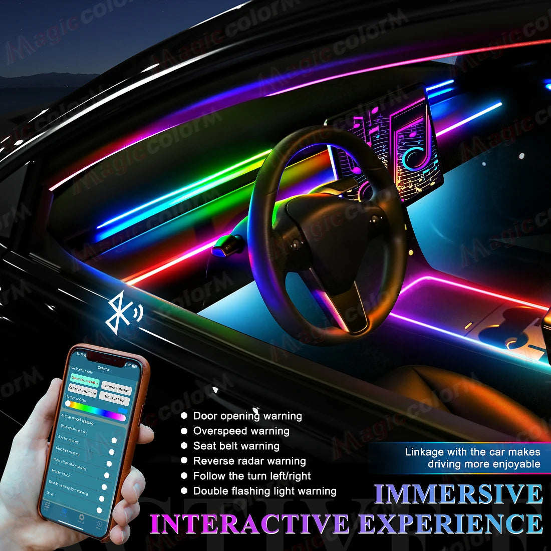RGB ambient light strips glowing across car dashboard with app control phone