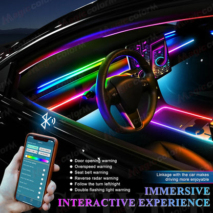 RGB ambient light strips glowing across car dashboard with app control phone