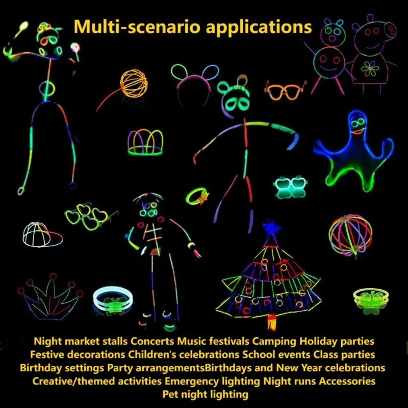 Glow stick party set with assorted glow bracelets, crowns, glasses, and star-shaped accessories