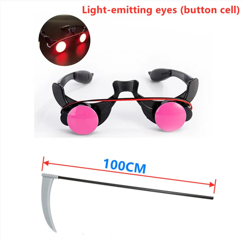 Glowing-eye glasses with pink lenses and scythe length marked 100 cm