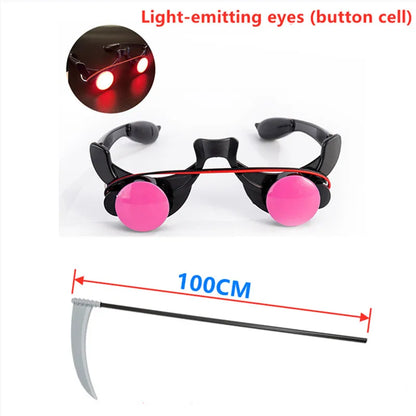 Glowing-eye glasses with pink lenses and scythe length marked 100 cm