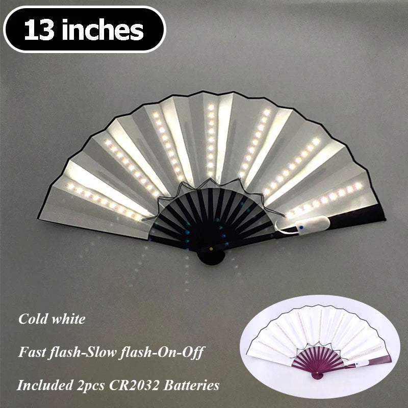 Cold white LED folding hand fan with dotted light strips, 13-inch width.