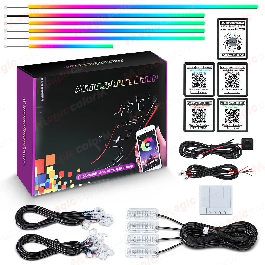RGB car ambient light kit with controller, wires, and LED strips, 18-in-1