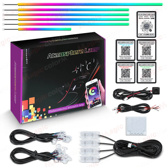 RGB car ambient light kit with controller, wires, and LED strips, 18-in-1