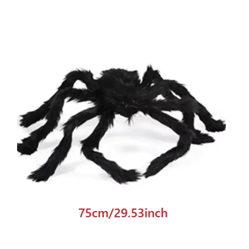 75cm plush black spider decoration with fuzzy legs and glowing red eyes