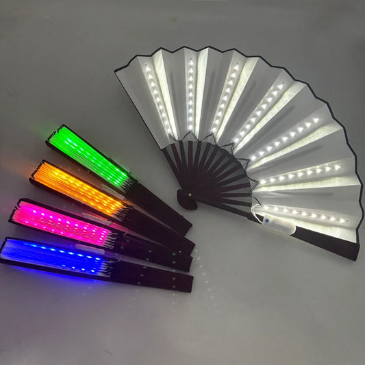 LED light-up folding hand fan with white LEDs and black folding handle