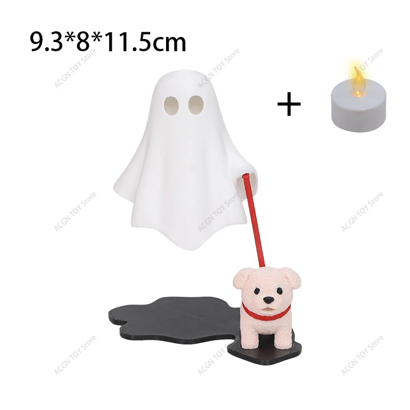 Ghost night light set with white ghost, puppy, black base, and warm LED candle