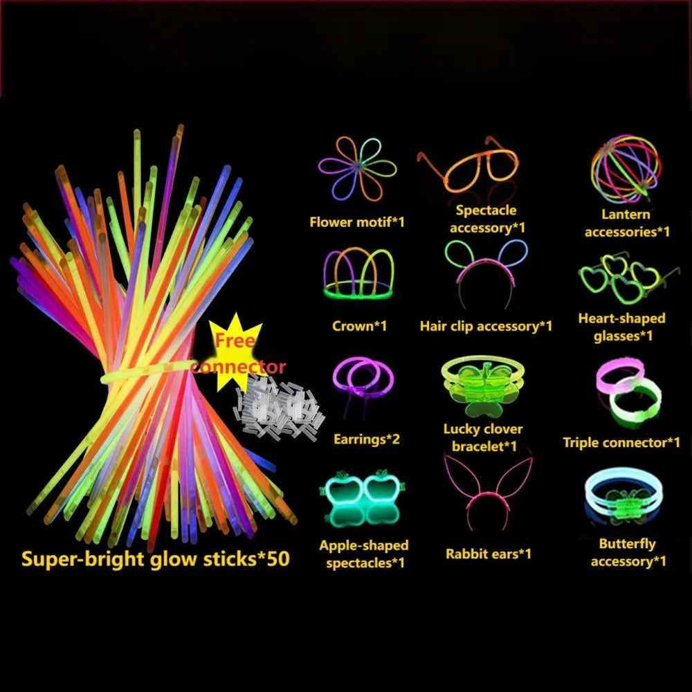 Glow stick party set bundle featuring super-bright glow sticks and labeled accessory set