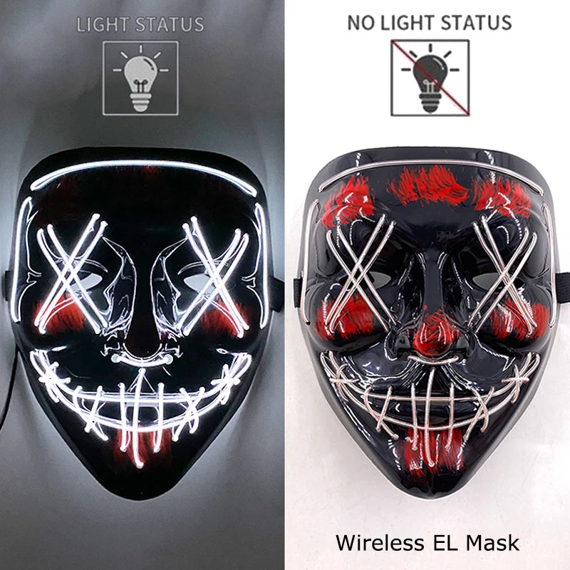 Black Halloween purge mask with white neon EL light eyes and mouth grid details