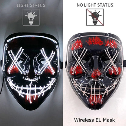 Black Halloween purge mask with white neon EL light eyes and mouth grid details