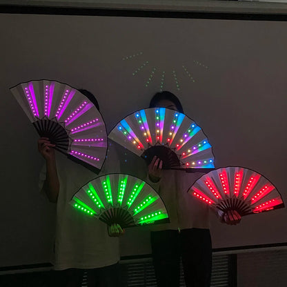 LED light-up folding hand fan with multicolor LEDs on black handle