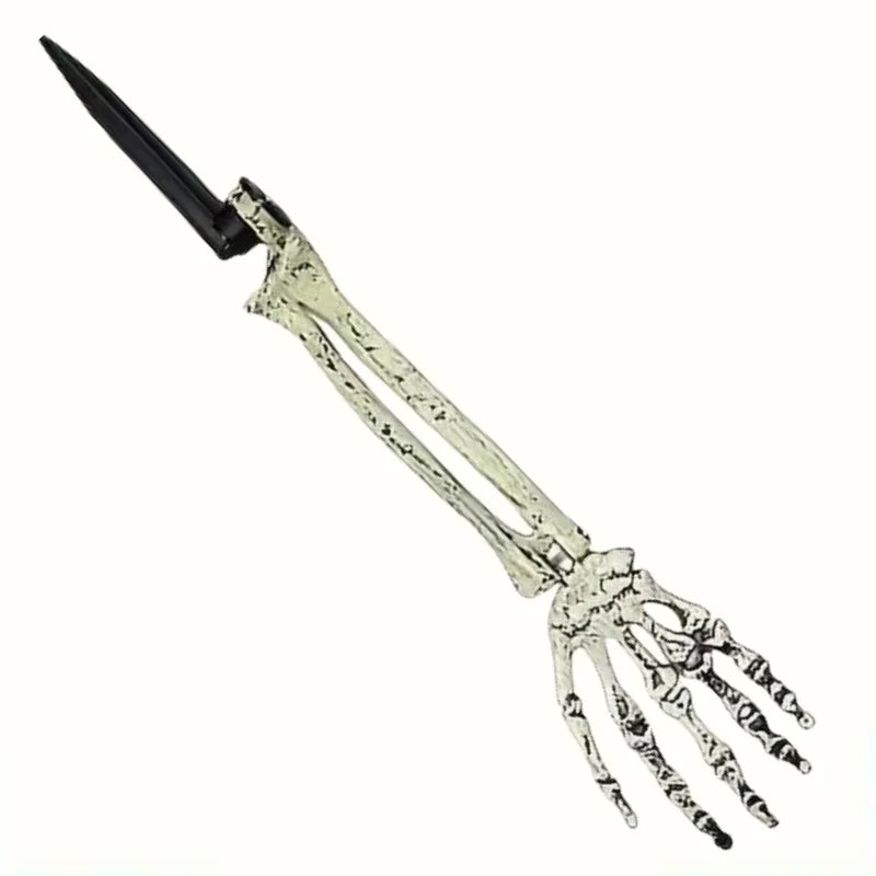 Single skeleton hand garden stake with long metal prong and bony fingers