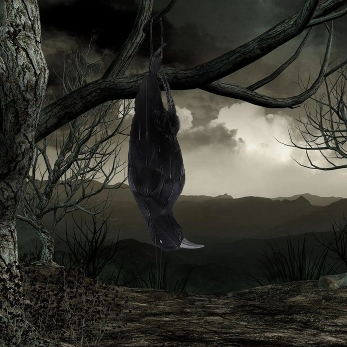 Black hanging crow decoration suspended from a loop with full feather tail