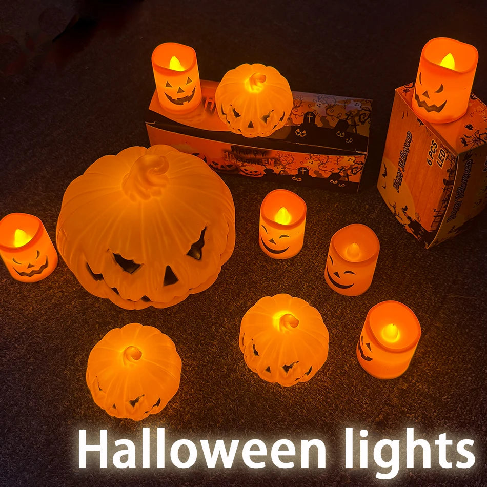 Halloween LED pumpkin candle lights with glowing jack-o’-lantern faces, multiple pieces