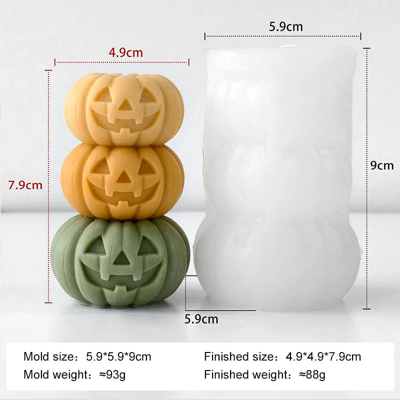 Halloween stackable pumpkin silicone mold with 3D jack-o-lantern faces and green base