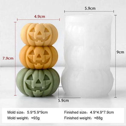 Halloween stackable pumpkin silicone mold with 3D jack-o-lantern faces and green base