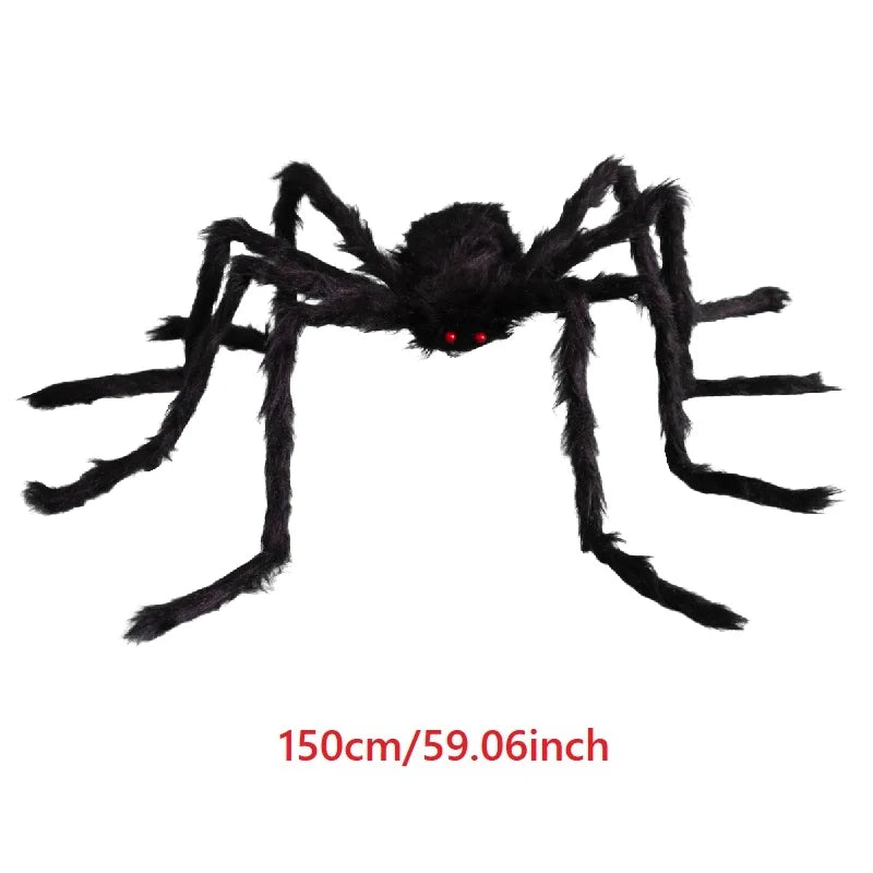 Giant plush black spider Halloween decoration, 150 cm size, red eyes, wide stance