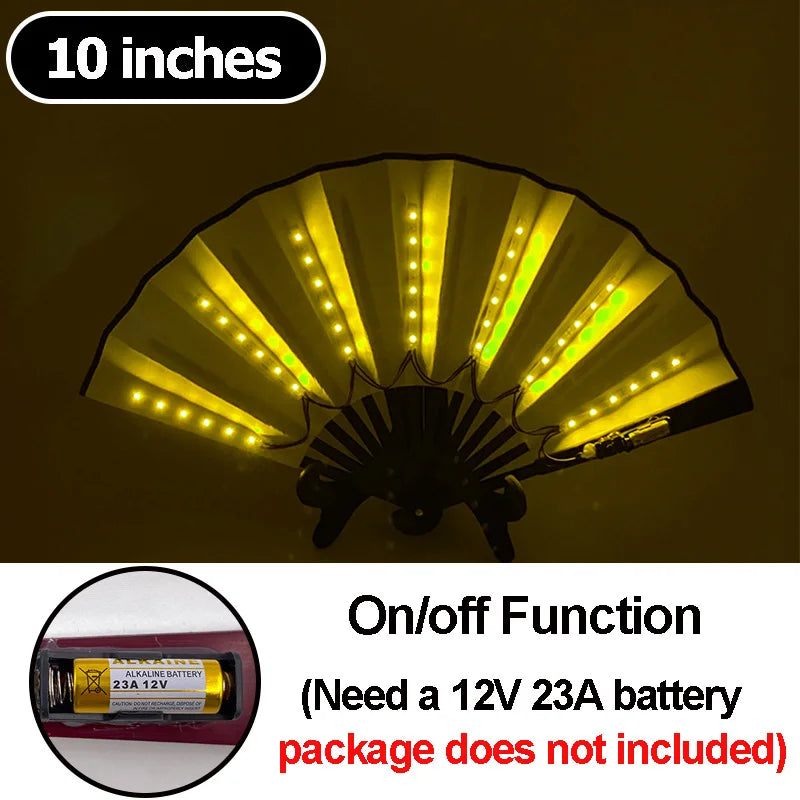 10-inch LED folding hand fan with yellow lights, on/off function.