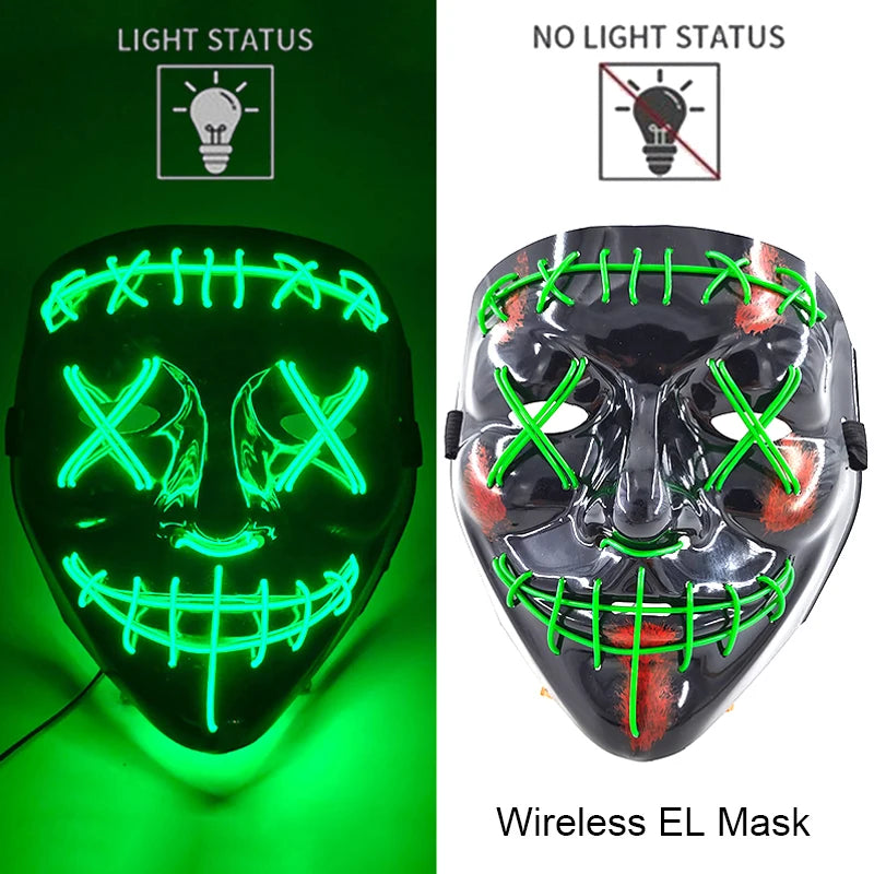 Neon LED purge mask with bright green glowing face and stitched mouth outline