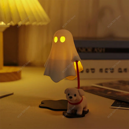 Warm glowing ghost puppy night light with yellow eyes and raised red LED stick
