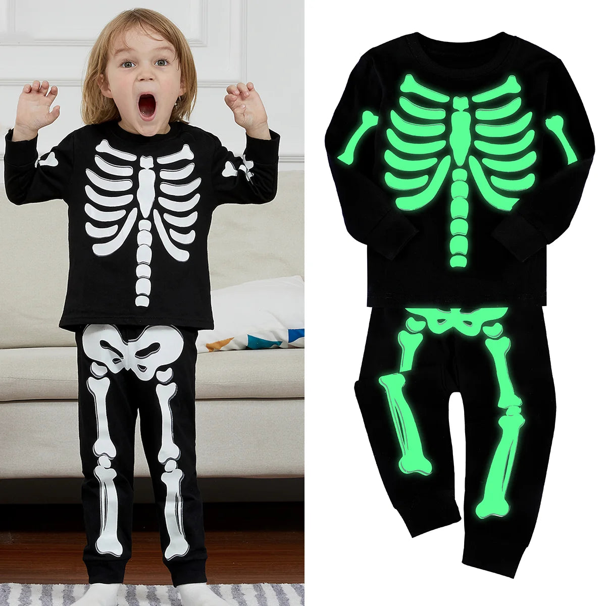 Black glow skeleton pajama set with long sleeves and glowing ribcage print