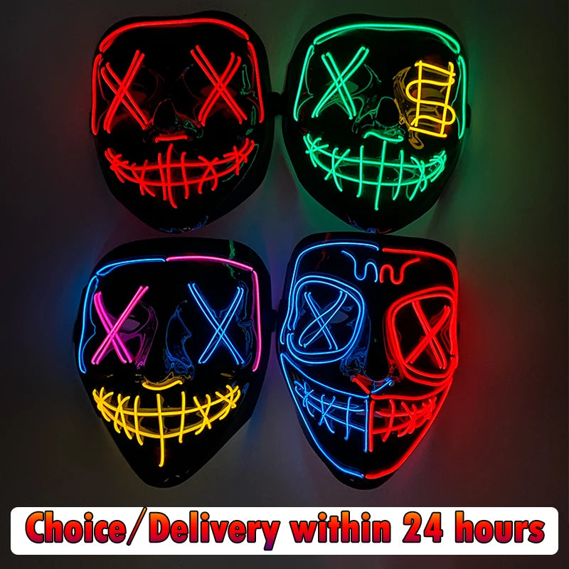 Set of glowing LED purge masks with wired skull smile and eye X lights in red, green, blue