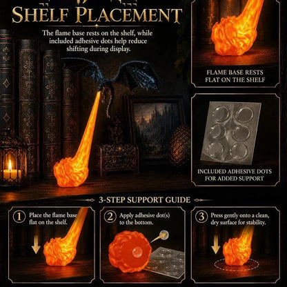 Gothic dragon flame night lamp with flat flame base and included adhesive support dots