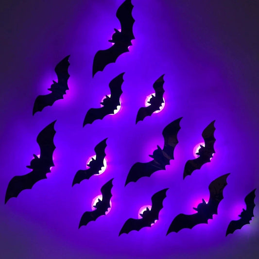 Black bat wall decals with purple LED glow, 3D night light silhouettes