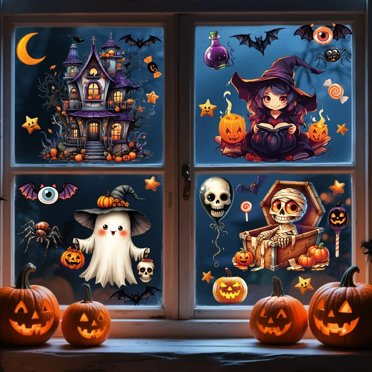 Halloween window cling stickers with haunted house, witch, pumpkins, skull, and bats