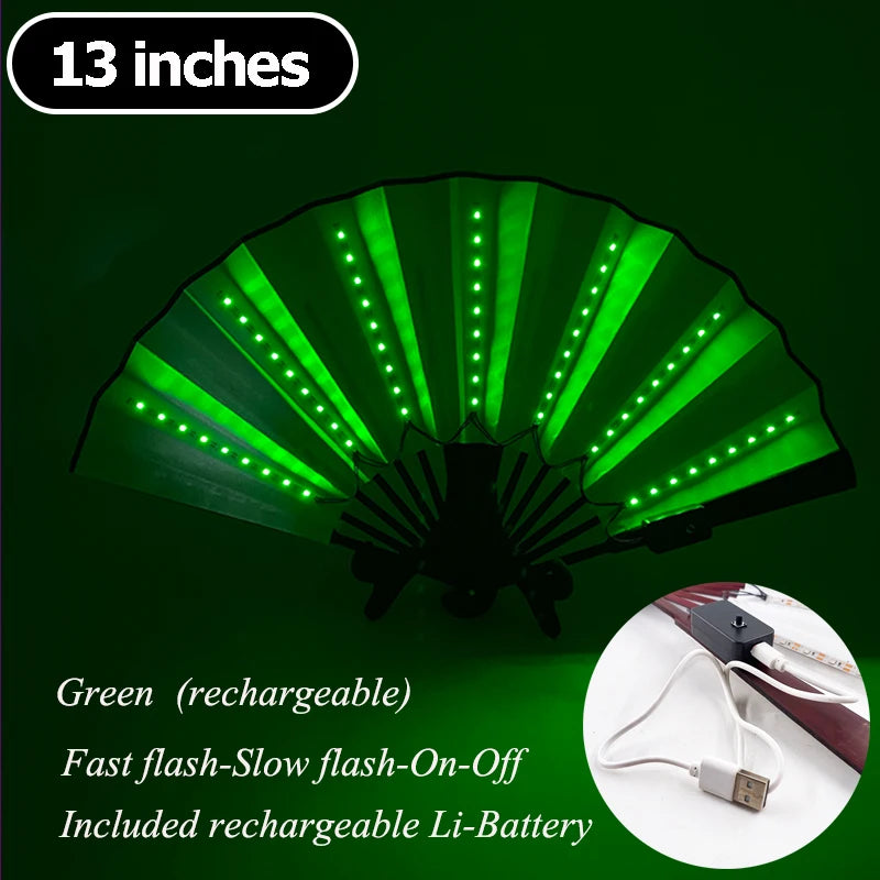13-inch LED light-up folding hand fan with green LEDs and black handle