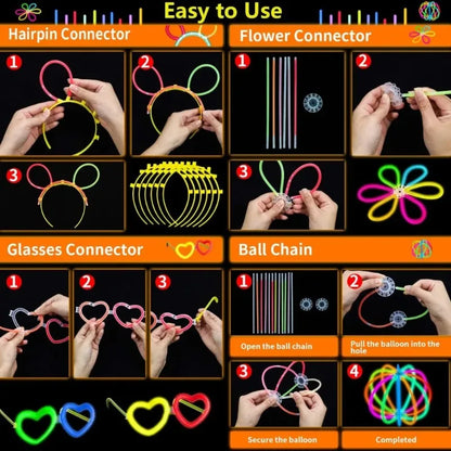 Glow stick party set connectors for hair pins, flower clips, glasses, and ball-chain parts