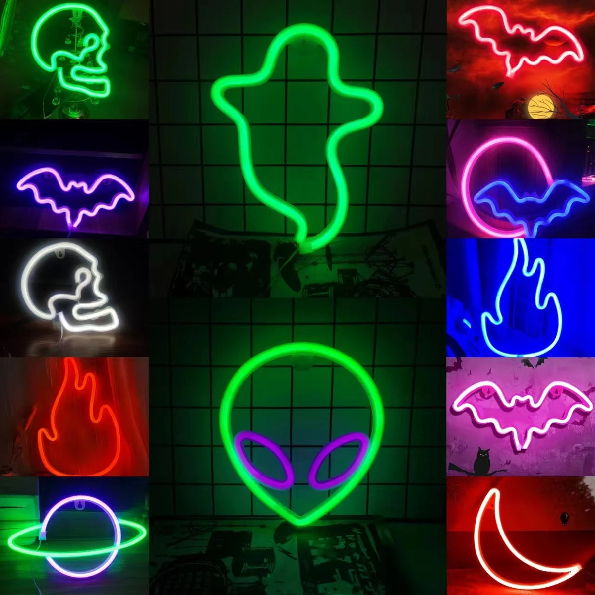 Green LED neon wall decor featuring alien-like outline with big eyes