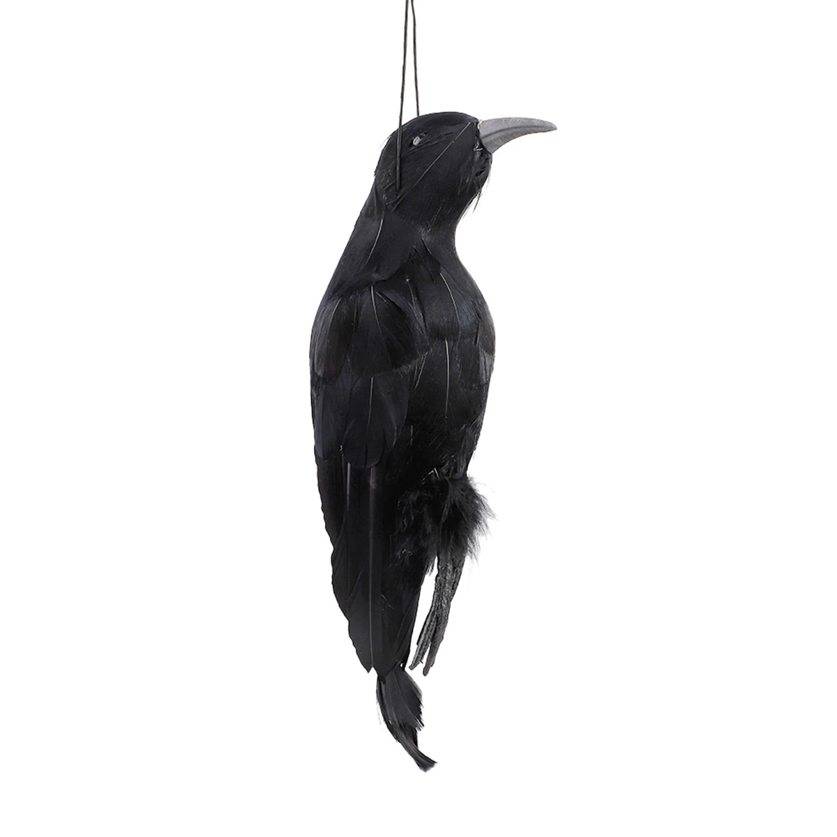 Black hanging crow decoration with long tail feathers and top hanging loop