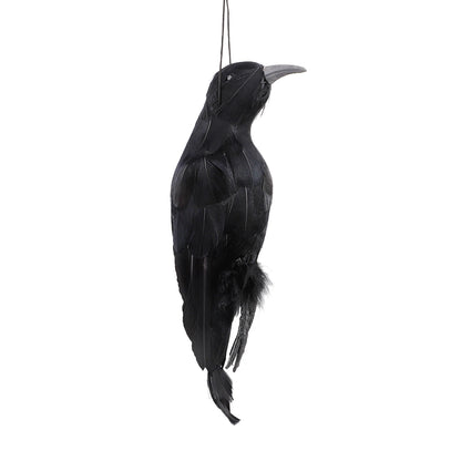 Black hanging crow decoration with long tail feathers and top hanging loop
