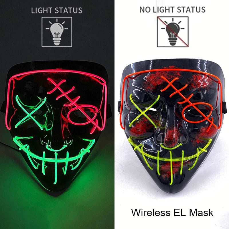 Wireless EL purge mask with X eyes and stitched grin, green and red light glow