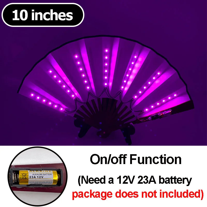 10-inch LED folding hand fan with purple lights, on/off function.
