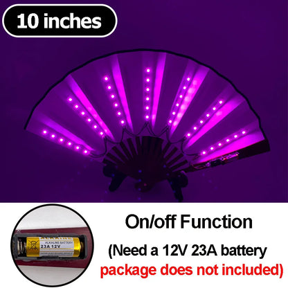 10-inch LED folding hand fan with purple lights, on/off function.