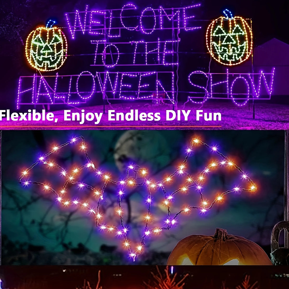 Purple and orange LED fairy lights outlining a Halloween wall display