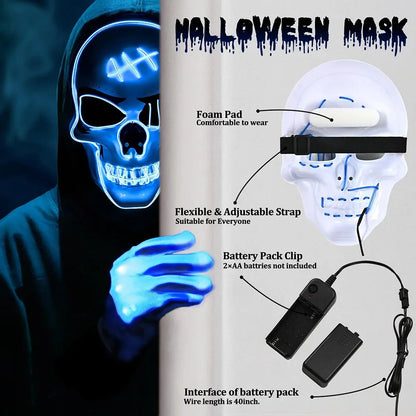 Light-up skeleton skull face mask with adjustable strap and battery pack clip