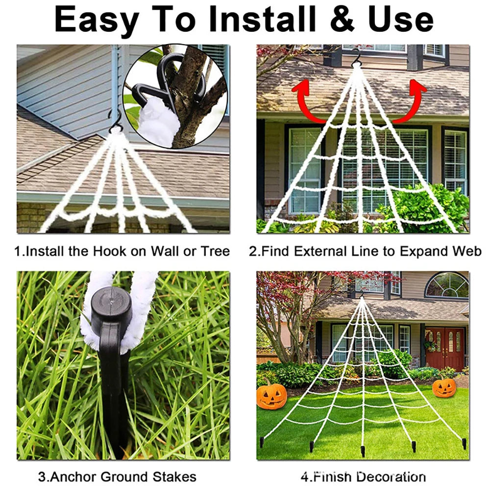 Halloween spider web décor with step-by-step setup: hook, stretch, stake, and finish.