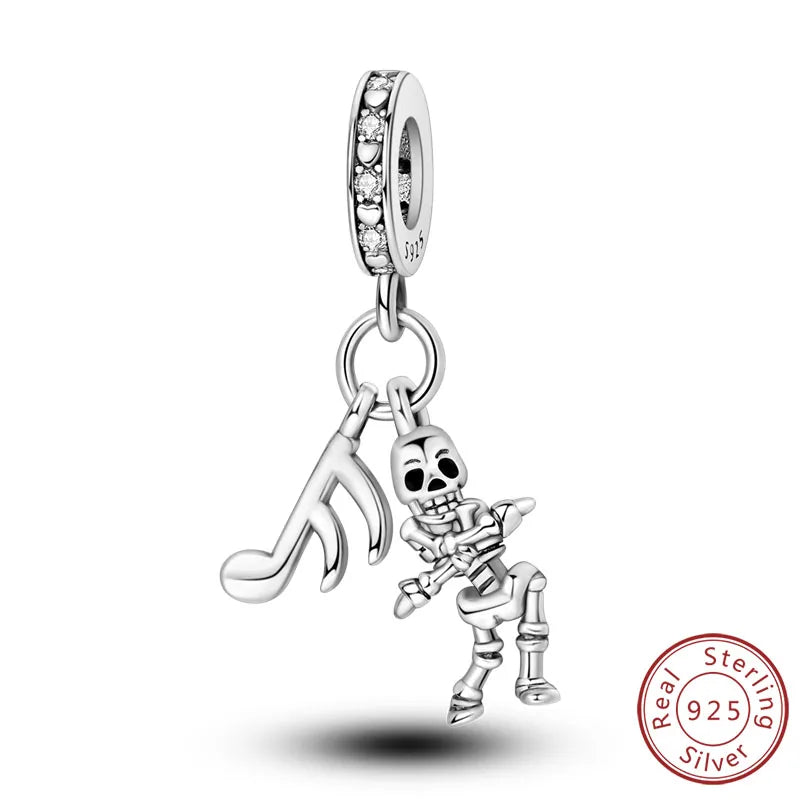 925 sterling silver Halloween charm bead with a smiling skeleton dancing pose
